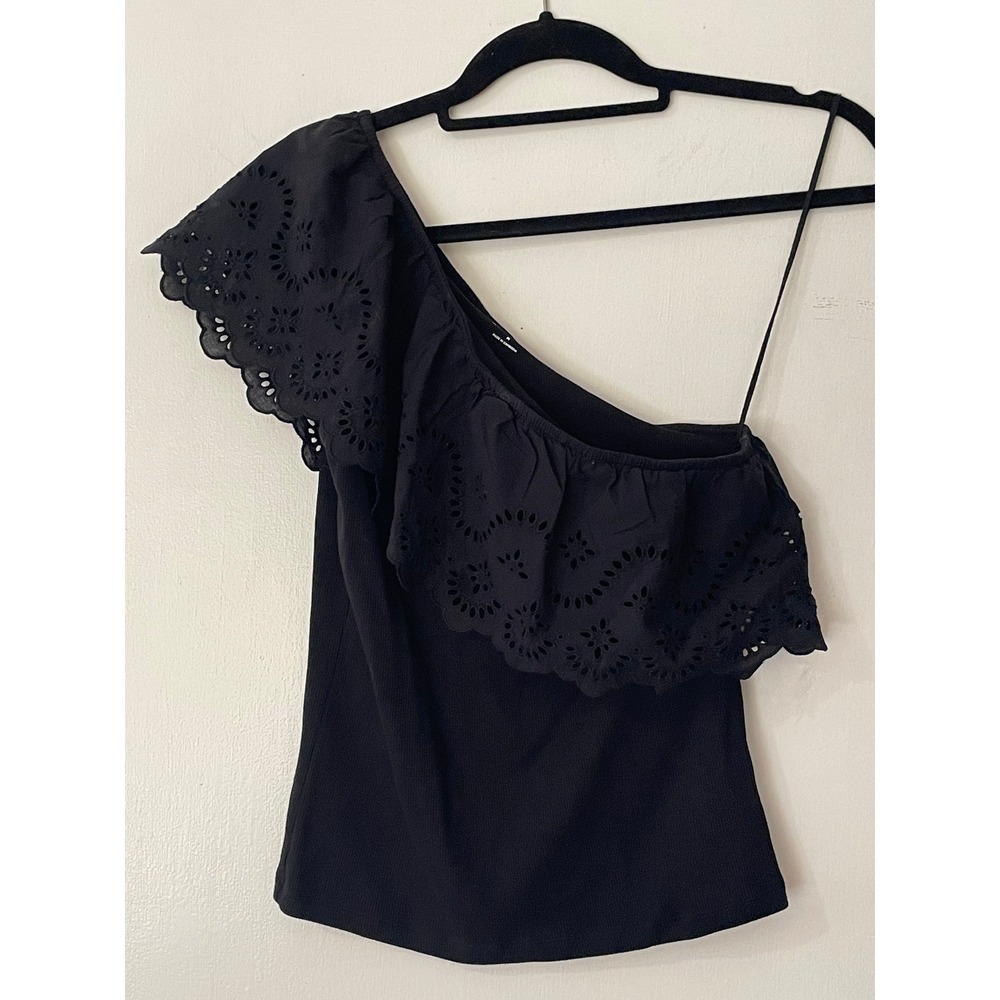 OLD NAVY Womens Black One Shoulder Eyelet Ruffle‎ Top Size M